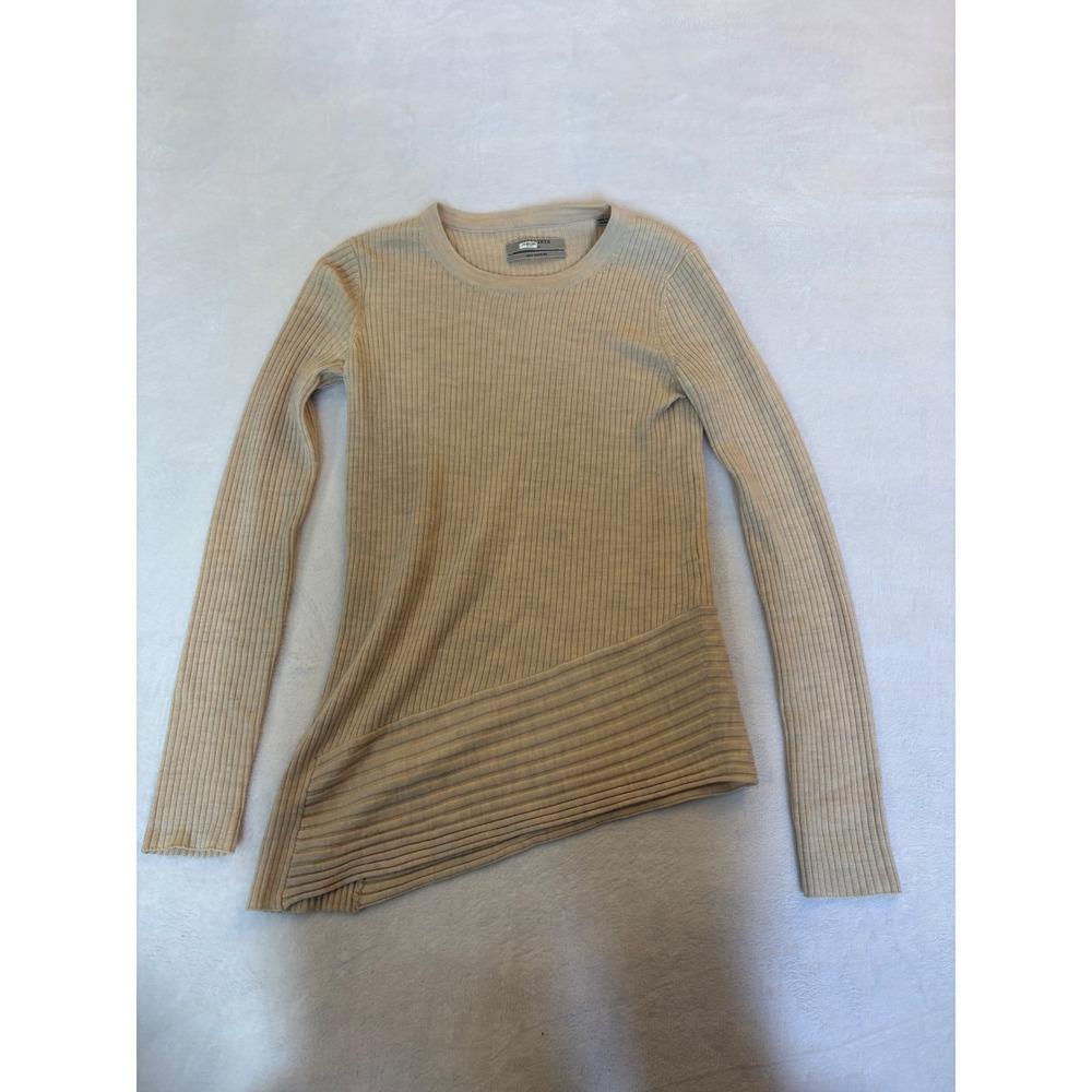 AllSaints 100% Merino Wool Ribbed Asymmetric Hem Knit Top Beige Tan Small